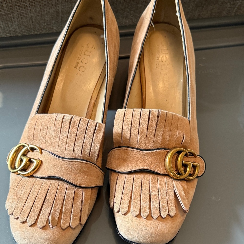 Gucci Beige Suede Loafers with Gold Detail